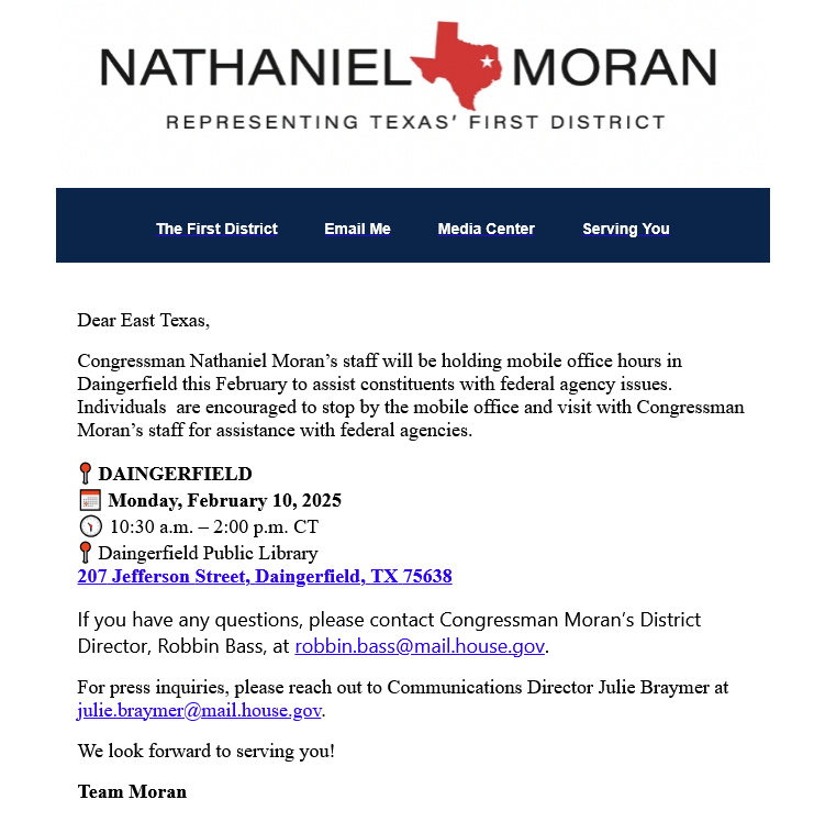 Nathaniel Moran representative mobile hours, February 10th 10:30-2