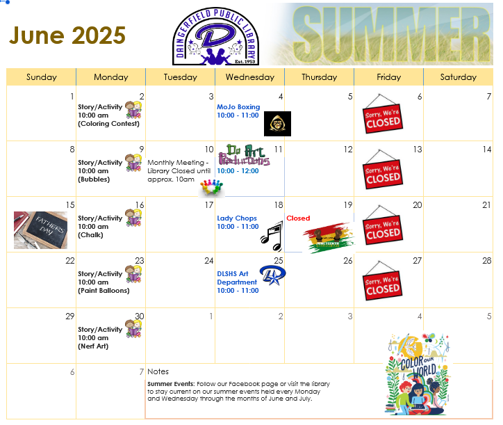 Calendar of reading programs, engaging programs, closed dates, for the month of June