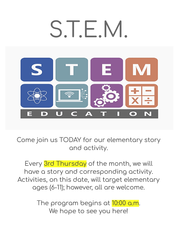 flyer for stem program every 3rd Thursday of the month