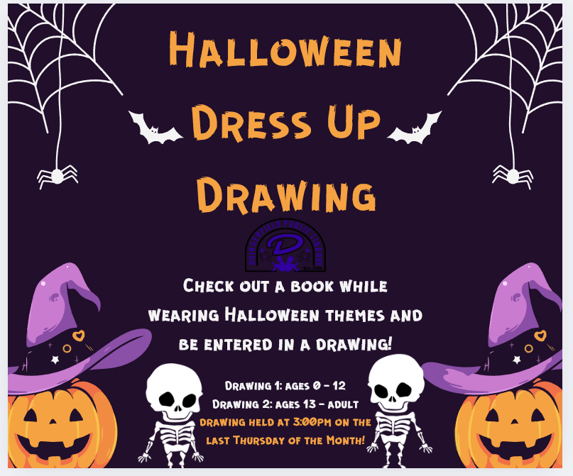 flyer: check out a book while wearing Halloween gear and be entered for a drink gift card raffle