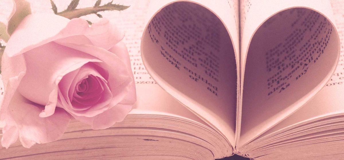 open book, pages folded into heart, rose on page