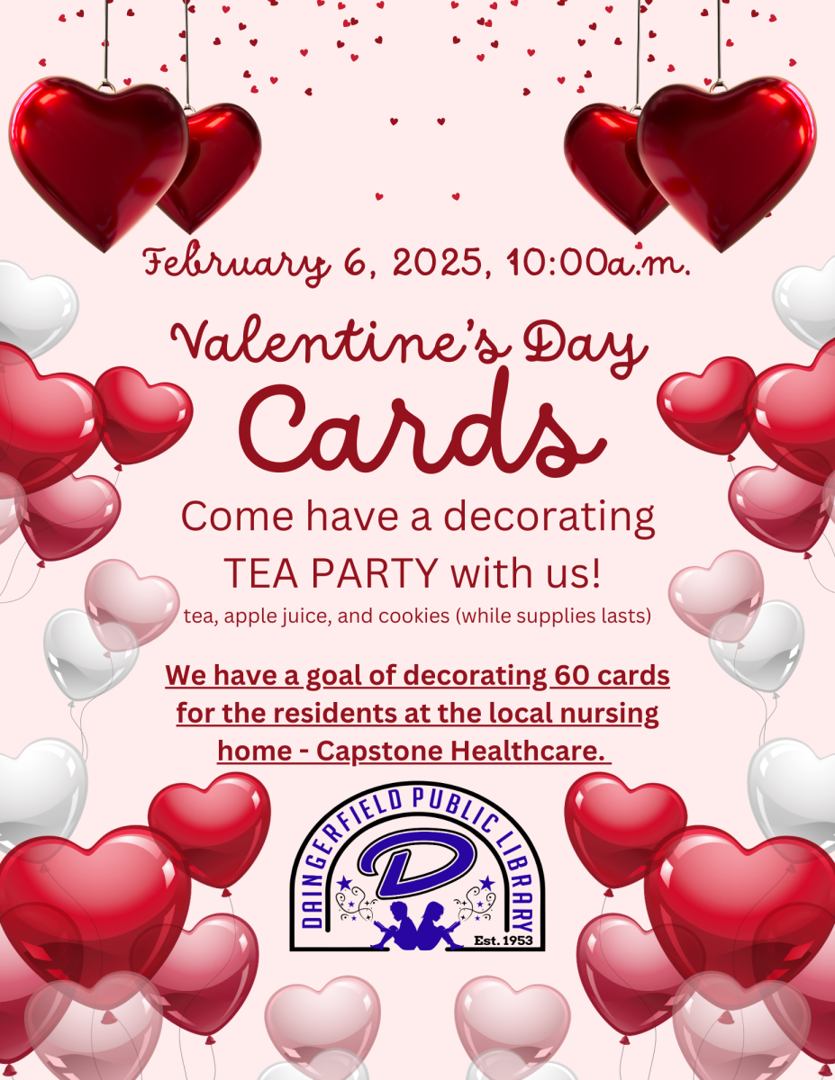 tea party event February 6th at 10:00 to decorate Valentines cards for the local nursing home