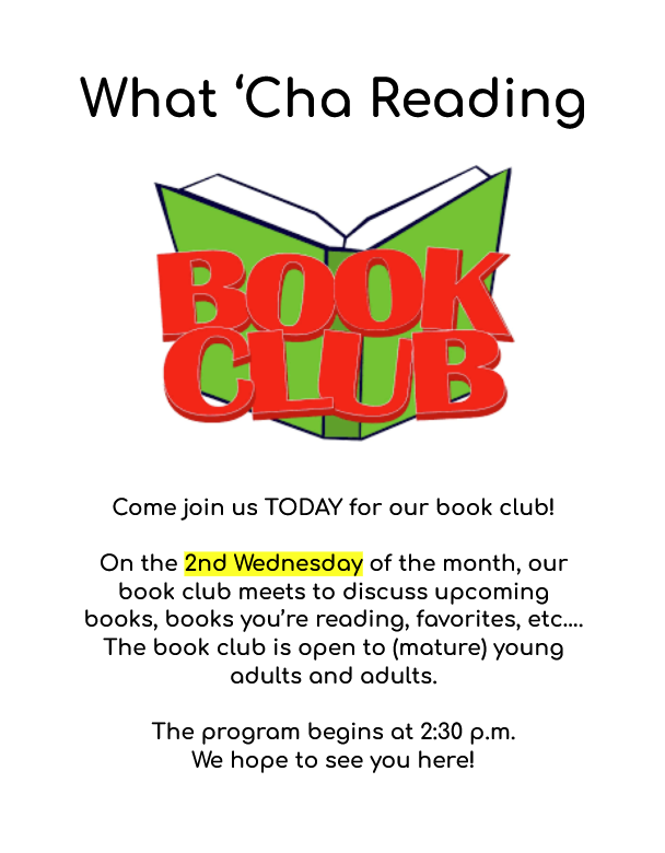 Book club held the 2nd Wednesday of each month.